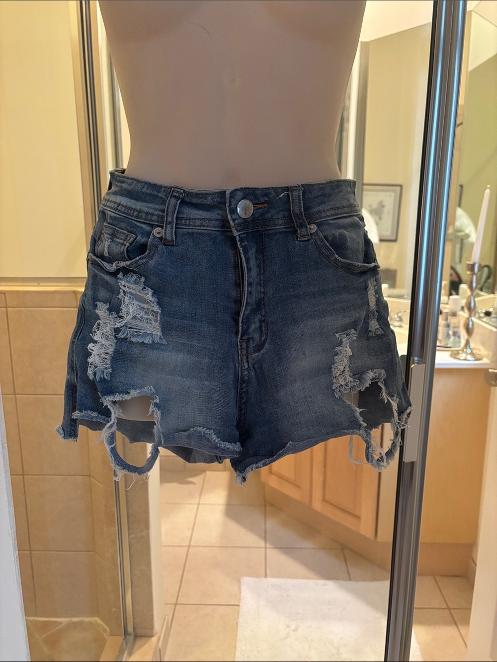 Distressed Dark Blue Denim Jean Shorts